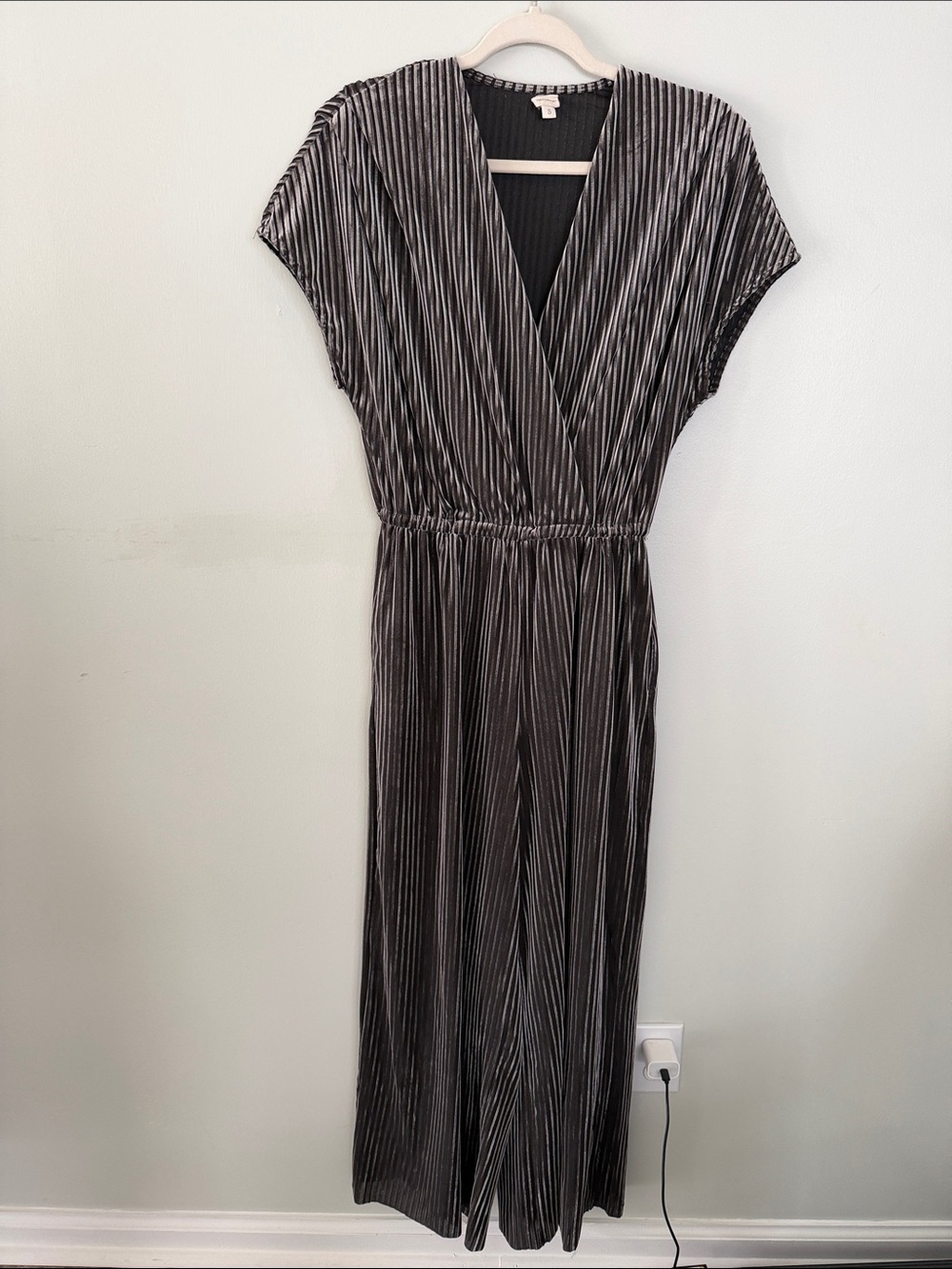 Female Gray Velvety Pleated Wrap-Front Jumpsuit